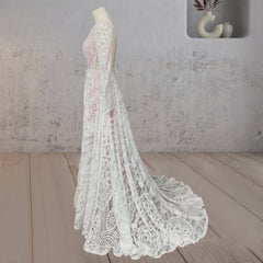 Ruched Bohemian Lace Round Neck Wedding Dress