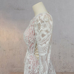 Ruched Bohemian Lace Round Neck Wedding Dress