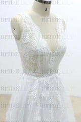 Ruffle V-neck Appliques Tulle A-line Wedding Dress
