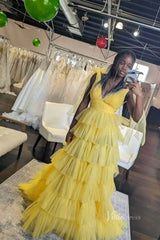 Ruffled Pleated Tulle Prom Dresses with Slit Bow Shoulder V-Neck FD4004