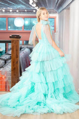 Ruffled Pleated Tulle Prom Dresses with Slit Bow Shoulder V-Neck FD4004
