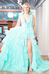 Ruffled Pleated Tulle Prom Dresses with Slit Bow Shoulder V-Neck FD4004