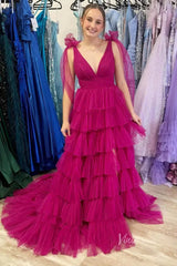 Ruffled Pleated Tulle Prom Dresses with Slit Bow Shoulder V-Neck FD4004