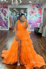 Ruffled Pleated Tulle Prom Dresses with Slit Bow Shoulder V-Neck FD4004