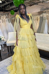 Ruffled Pleated Tulle Prom Dresses with Slit Bow Shoulder V-Neck FD4004