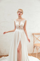 Ruffled Split Chiffon Lace Scoop Wedding Dress Appliques