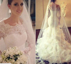 White Lace Mermaid Wedding Dresses with ruffles,Free wedding Veils
