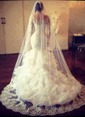 White Lace Mermaid Wedding Dresses with ruffles,Free wedding Veils
