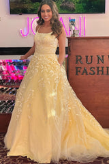 A-Line Nude Pink Straps Appliques Long Prom Gown