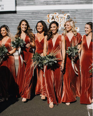 Winter Rust Velvet Bridesmaid Dress V Neck Sleeveless Wedding Guest Dress