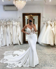 Rustic Lace Applique Mermaid Wedding Dresses with Chapel Train Spaghetti Strap Bridal Gown AW1006