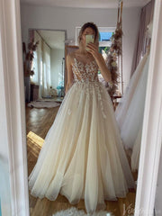 Rustic Lace Applique Spaghetti Strap Wedding Dresses Tulle Bridal Gown VW2181