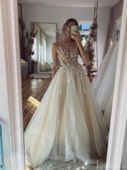 Rustic Lace Applique Spaghetti Strap Wedding Dresses Tulle Bridal Gown VW2181