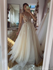 Rustic Lace Applique Spaghetti Strap Wedding Dresses Tulle Bridal Gown VW2181
