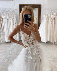 Rustic Lace Applique Wedding Dresses Spaghetti Strap Bridal Gown AW1010