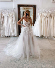 Rustic Lace Applique Wedding Dresses Spaghetti Strap Bridal Gown AW1010