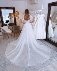 Rustic Lace Applique Wedding Dresses with Slit Puffed Sleeve Bridal Gown AW1012