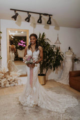 Rustic Lace Mermaid Wedding Dresses Backless Chapel Train Bridal Gown VW2156