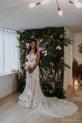 Rustic Lace Mermaid Wedding Dresses Backless Chapel Train Bridal Gown VW2156