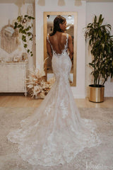 Rustic Lace Mermaid Wedding Dresses Backless Chapel Train Bridal Gown VW2156