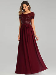 A-Line Bridesmaid Dress Jewel Neck Short Sleeve Elegant Floor Length Chiffon with Sash / Ribbon / Sequin