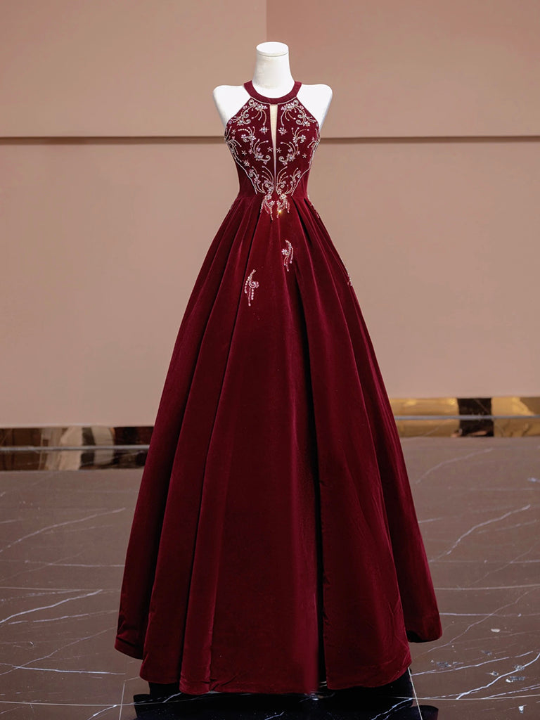 A-Line Velvet Beads Burgundy Long Prom Dress, Burgundy Long Formal Dress