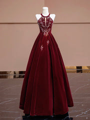 A-Line Velvet Beads Burgundy Long Prom Dress, Burgundy Long Formal Dress