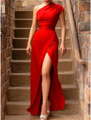 Women's Black Dress Prom Dress Party Dress Homecoming Dress Wedding Guest Dress Sheath Dress Long Dress Maxi Dress Red Blue Sleeveless Split Winter Fall One Shoulder