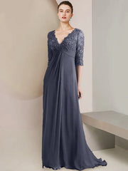 A-Line Mother of the Bride Dress Formal Elegant V Neck Court Train Chiffon Lace Half Sleeve with Ruched Appliques