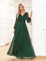 Aimishang  A-Line Evening Gown Sparkle & Shine Dress Formal Wedding Party Dress Floor Length Long Sleeve V Neck Chiffon with Sequin