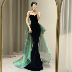 Vintage Mermaid Sweetheart Black Velvet Long Evening Dress Prom Dresses With Bow HZ1024