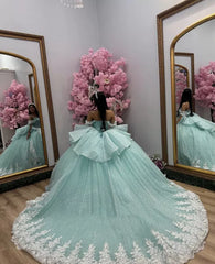 Green Quinceanera Dress Sweet 16 Off the Shoulder Glitter Party Prom Ball Gowns, AST1307