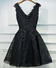 Robe de bal courte en dentelle noire en V, robes de retour, robes de retour à la maison