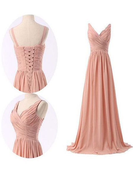 Eenvoudige ruches blush roze lange chiffon bruidsmeisje jurk