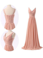 Eenvoudige ruches blush roze lange chiffon bruidsmeisje jurk