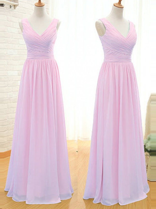 Eenvoudige A-lijn V-nek vloerlengte roze chiffon bruidsmeisje jurk