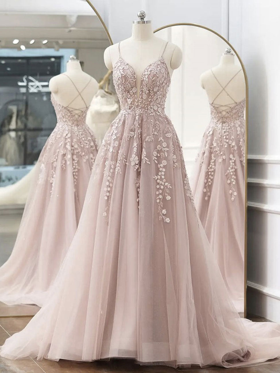 A-Line V Neck Lace Tulle Long Prom Dress, Pink Tulle Formal Dresses