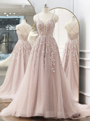 A-Line V Neck Lace Tulle Long Prom Dress, Pink Tulle Formal Dresses