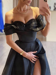 Off Shoulder Satin Black Long Prom Dress, Sweetheart Neck Long Formal Dress