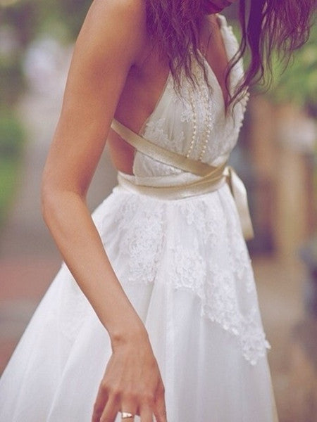 A Line Halter Neck Backless Lace Wedding Dresses, Backless White Lace Prom Dress