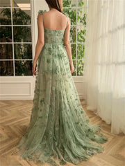 Sage Green Butterfly Dresses high Slit Lace Prom Dresses TO0006