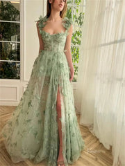 Sage Green Butterfly Dresses high Slit Lace Prom Dresses TO0006