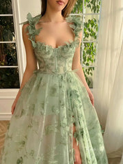 Sage Green Butterfly Dresses high Slit Lace Prom Dresses TO0006