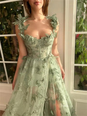Sage Green Butterfly Dresses high Slit Lace Prom Dresses TO0006