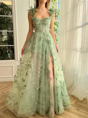 Sage Green Butterfly Dresses high Slit Lace Prom Dresses TO0006