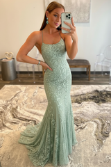Mint Green Lace Mermaid Backless Long Prom Dresses Sleeveless Evening Dresses