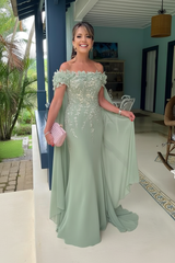 Off-The-Shoulder Mermaid Chiffon Wedding Guest Dresses Long with Appliques