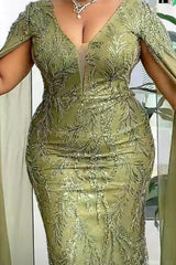Sage Lace Beadings Mermaid V-neck Mother of the bride Dresses with Cape