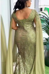 Sage Lace Beadings Mermaid V-neck Mother of the bride Dresses with Cape