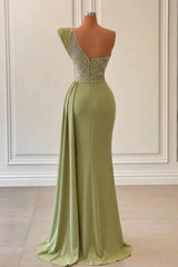 Sage One-Shoulder Split Mermaid Prom Dress With Beadings